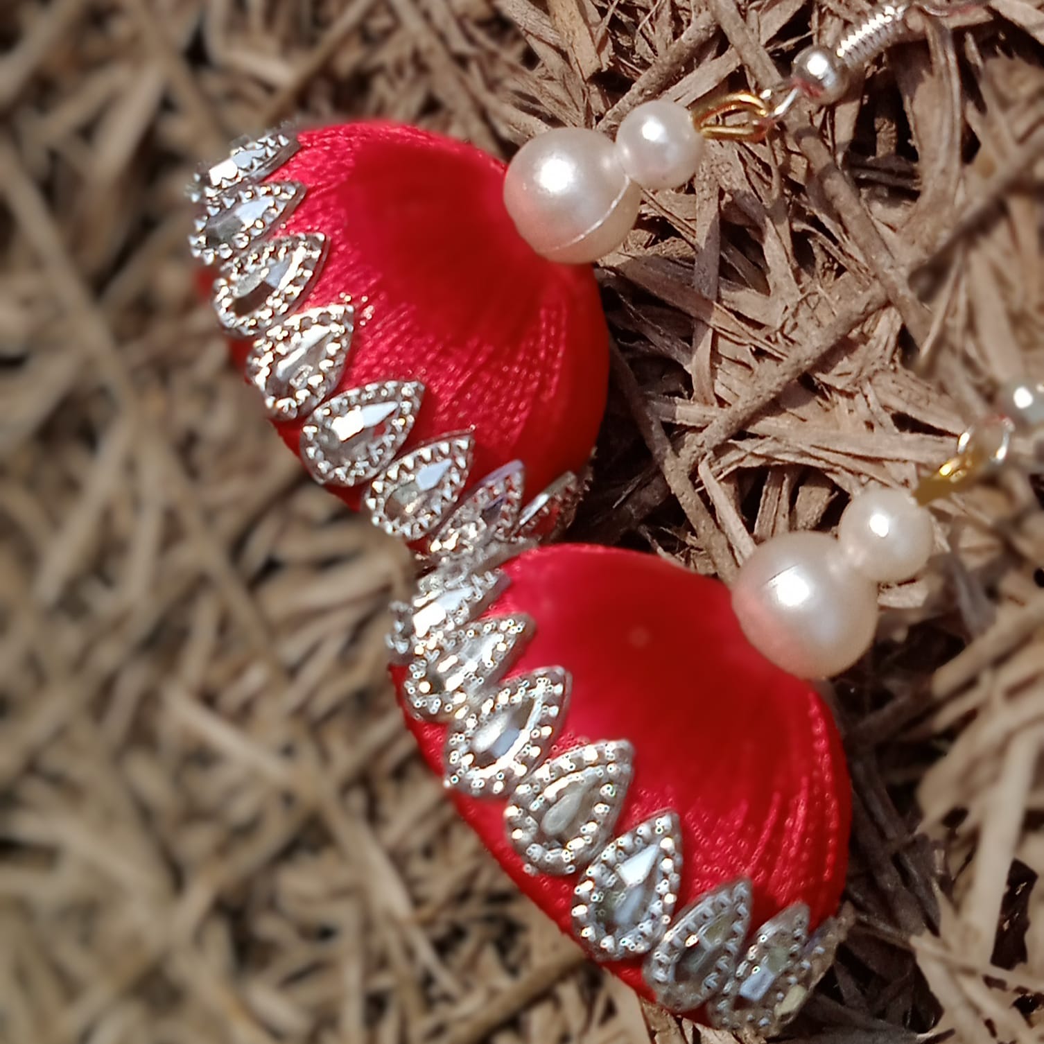 Red silver silk thread jhumka