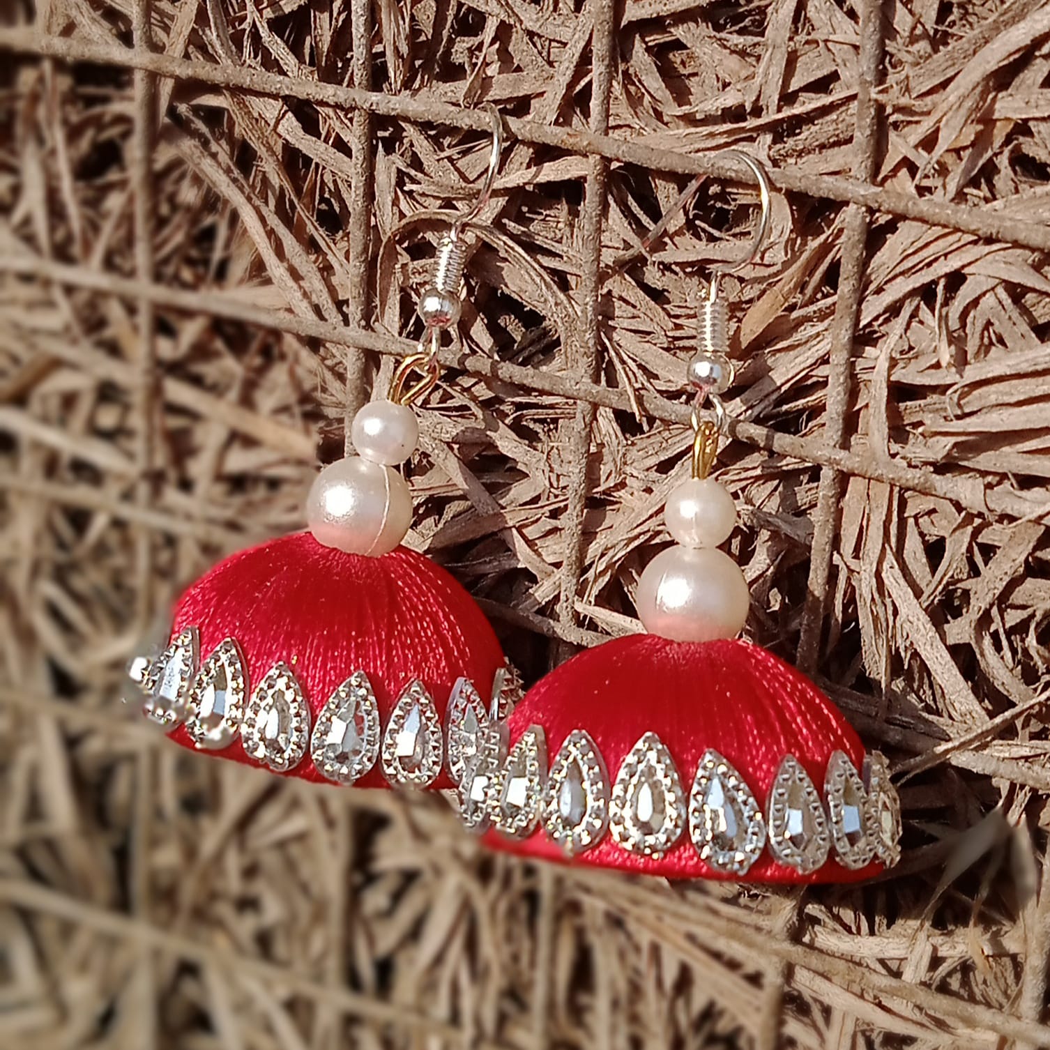 Red silver silk thread jhumka - Image 2