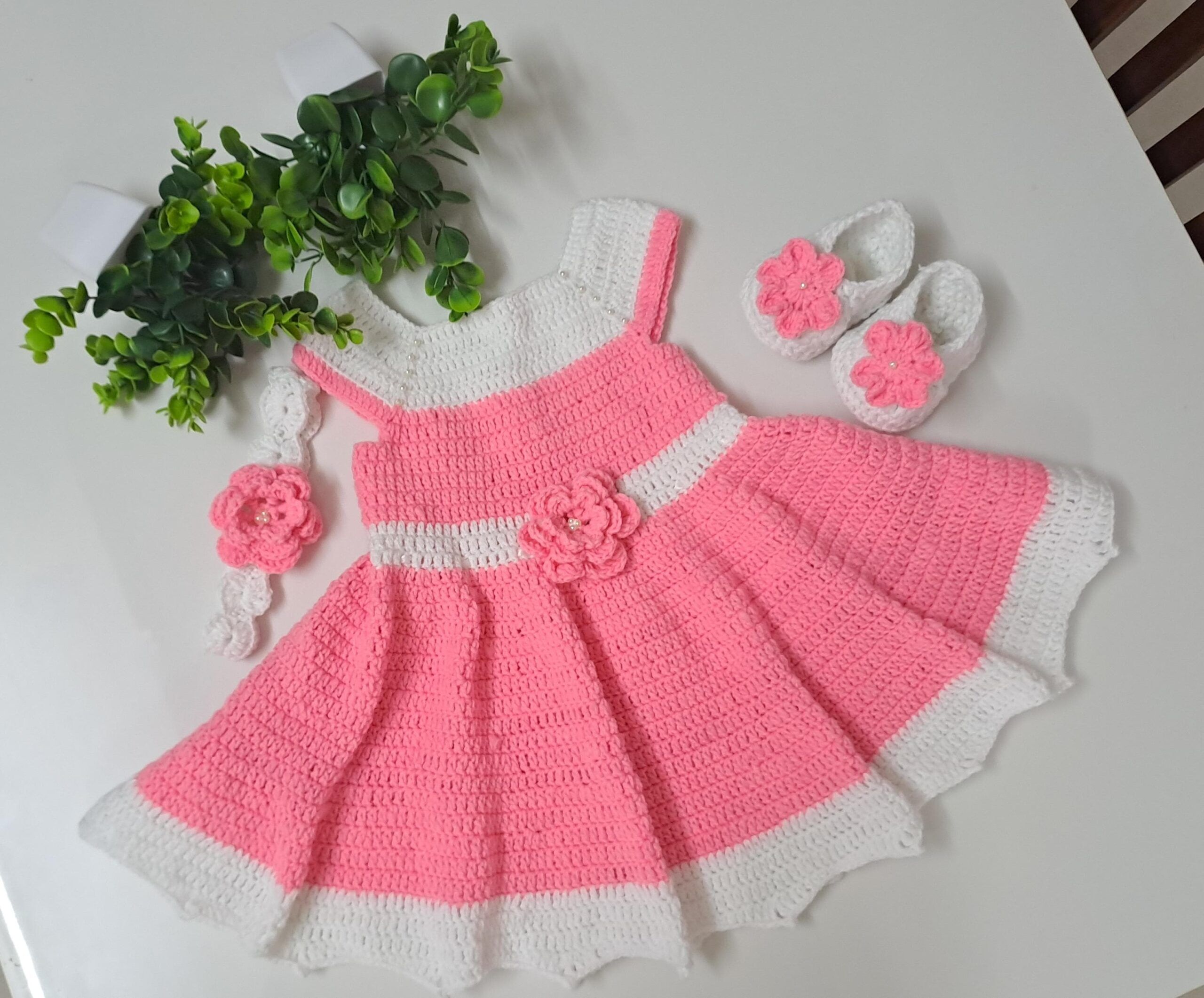 Crochet baby girl frock, booties and headband set Buy Hand