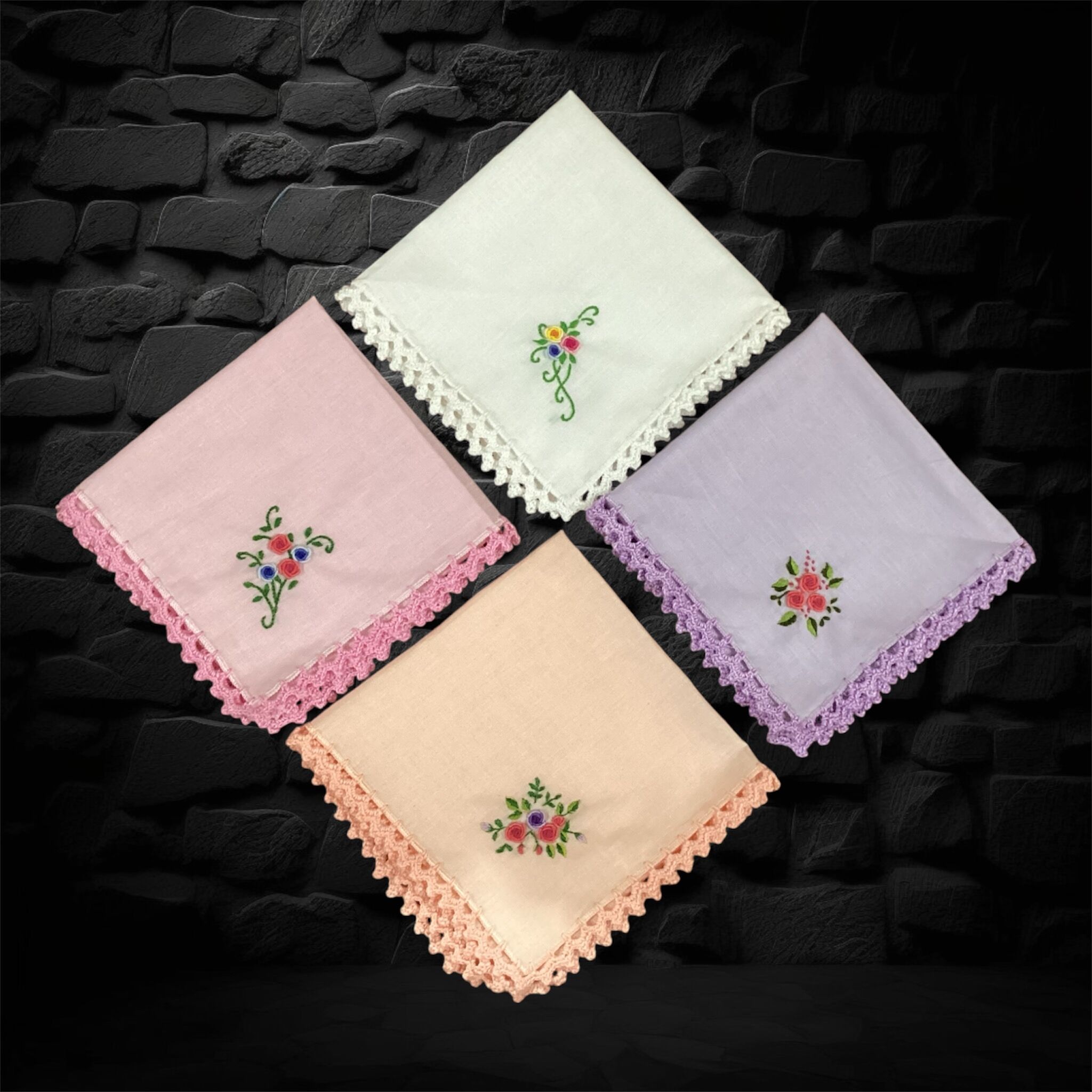 A set of 4 handkerchief | Embroidered Handkerchiefs with Crochet Edging