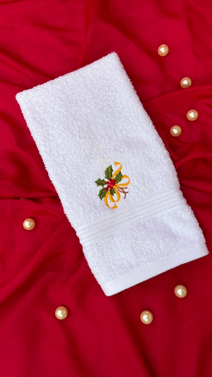 Holly Leaves Design on a Hand Towel | Christmas Home Deco | Embroidered Hand Towels