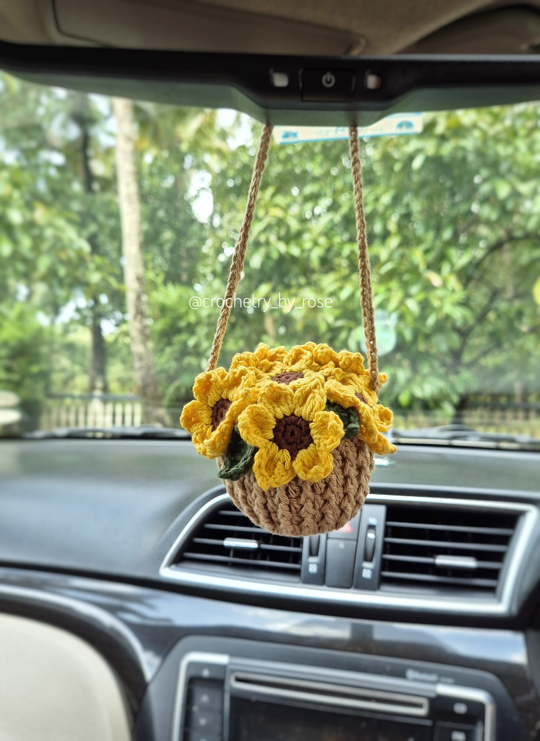 Crochet Sunflower Basket| Car hanging| Plant Hanger|Rearview Mirror Hanger| Crochet Car Accessories|Forever Plants