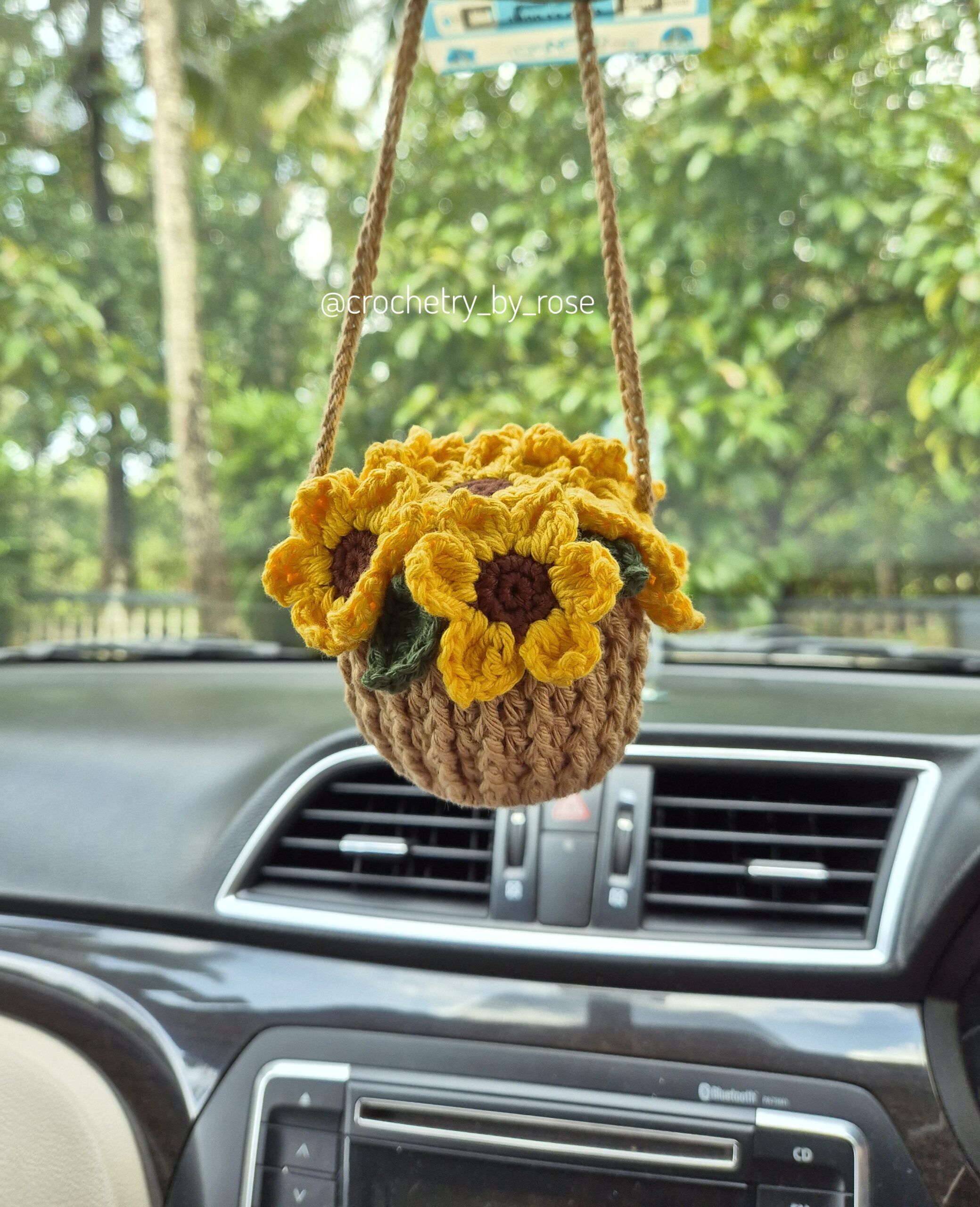 Crochet Sunflower Basket| Car hanging| Plant Hanger|Rearview Mirror Hanger| Crochet Car Accessories|Forever Plants - Image 2