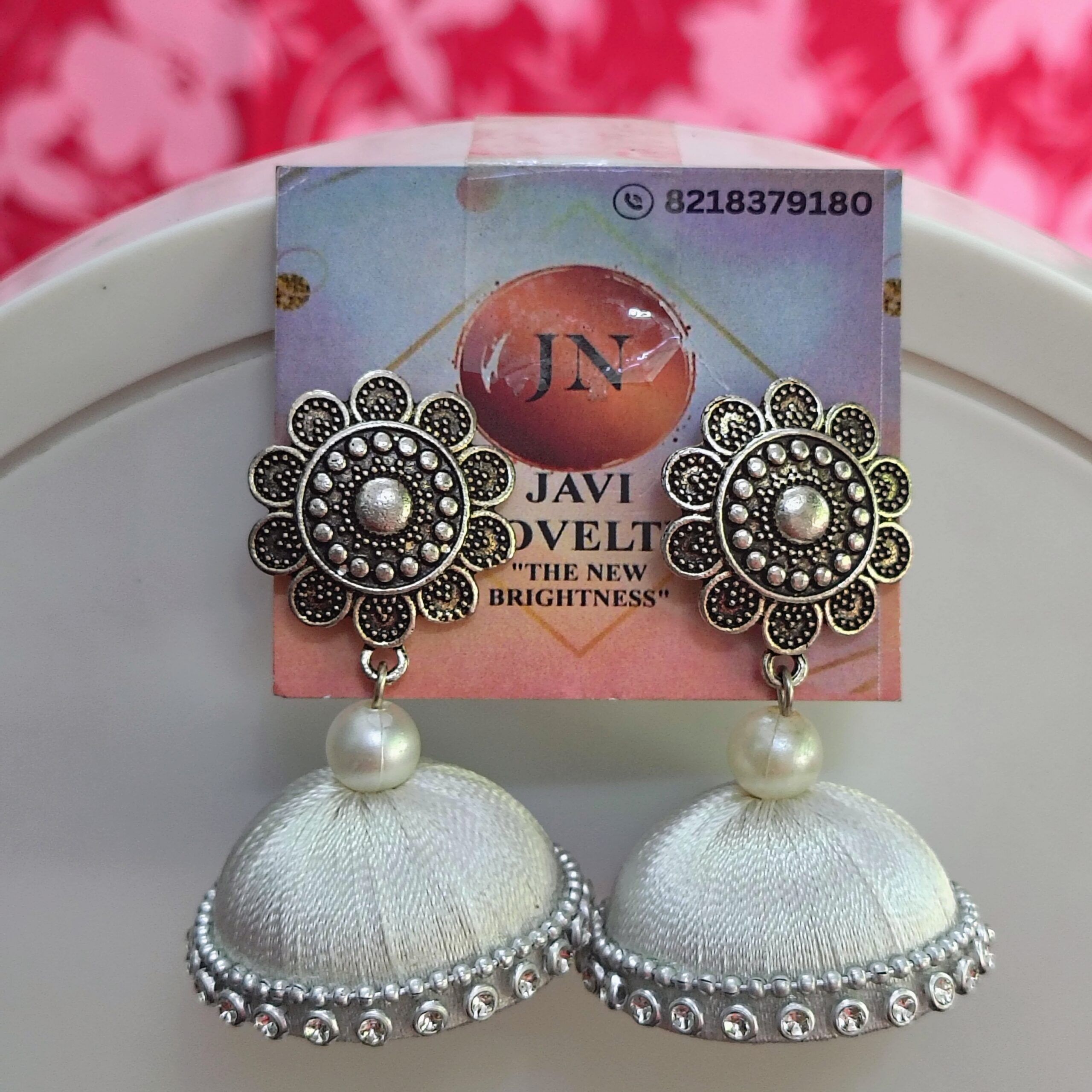 Antique Floral Majesty Silver Pearl Jhumka Earrings – Javi Novelties - Image 2