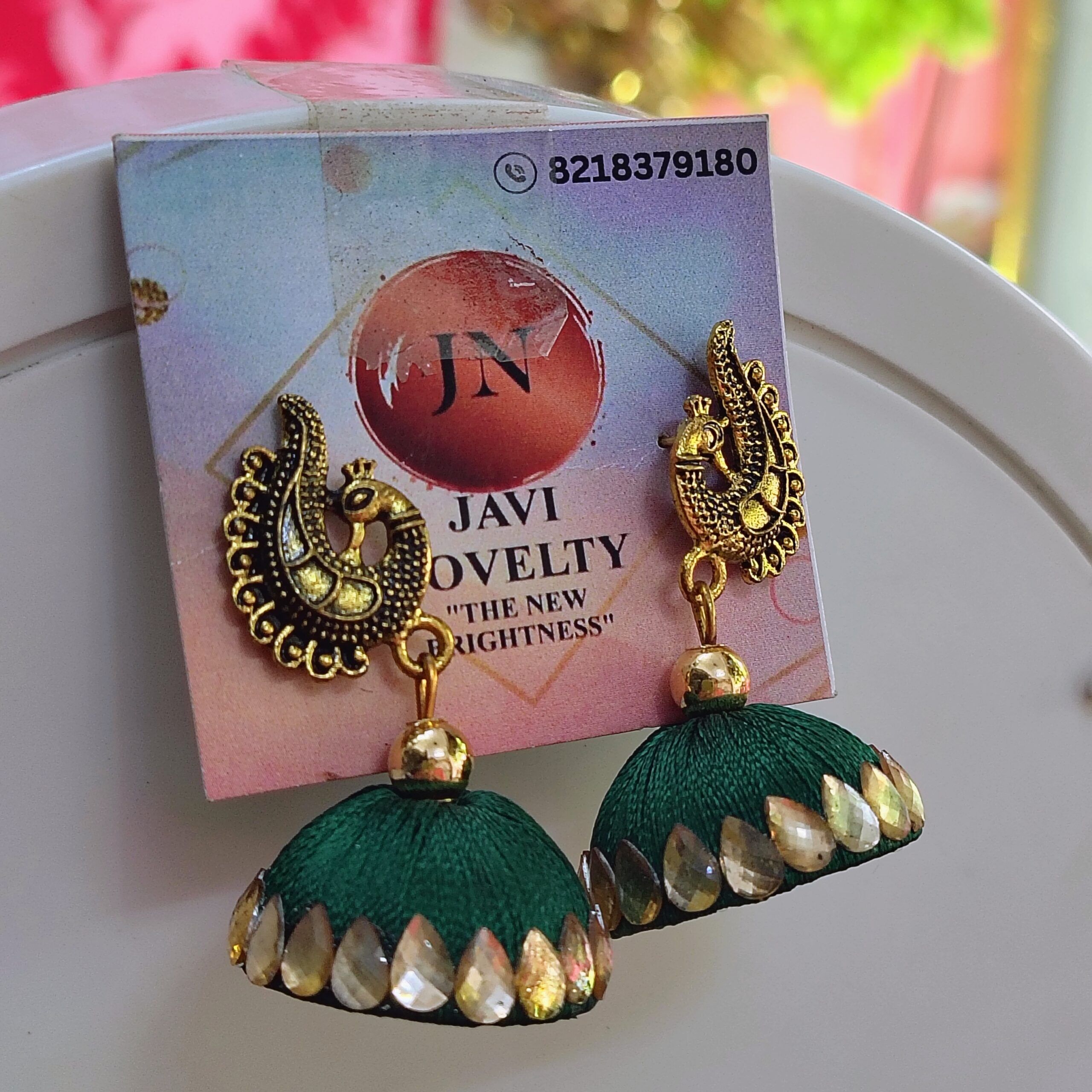 Green Silk Thread Jhumka Earrings with Antique Gold Peacock Top